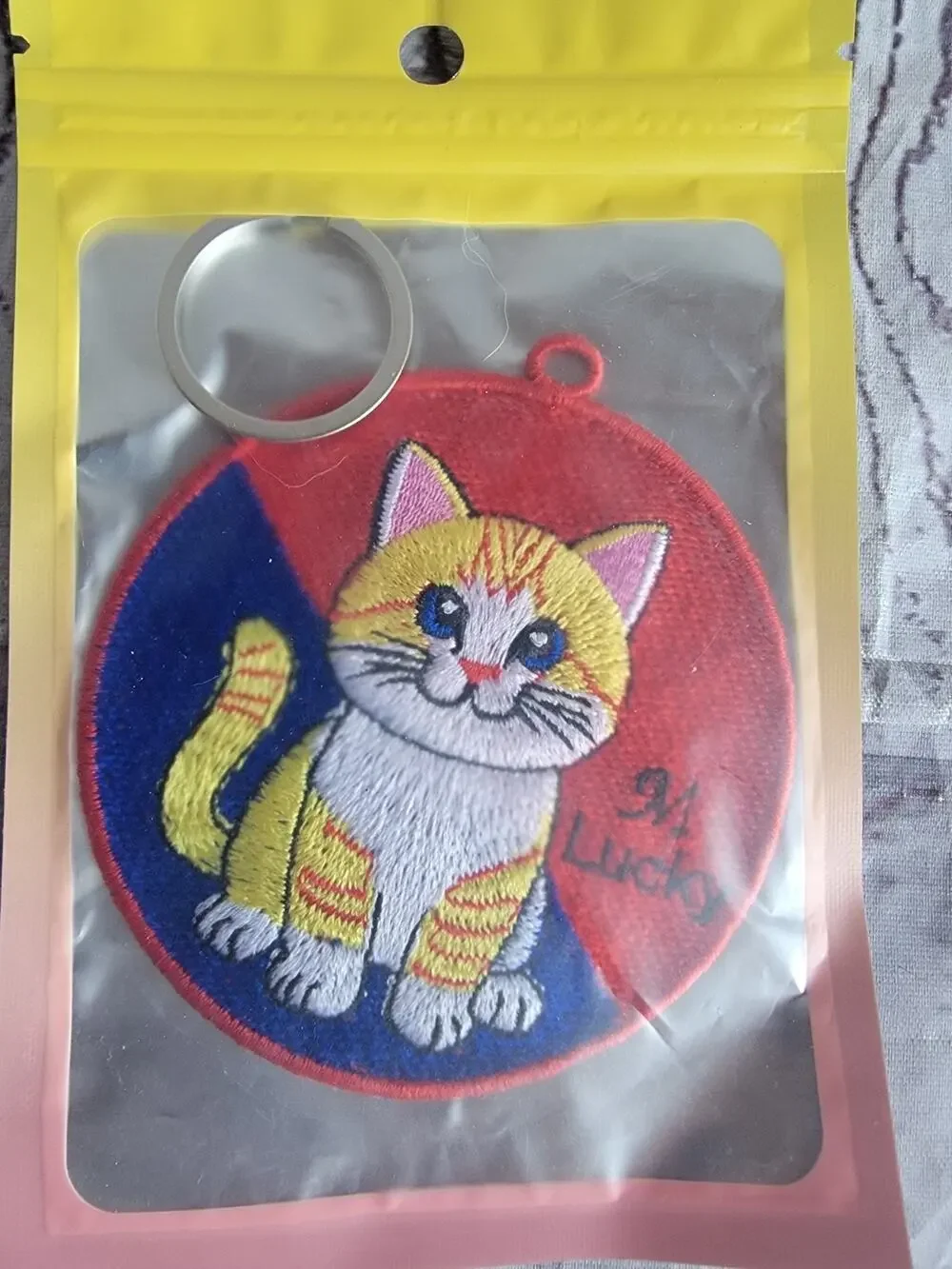 Circular embroidered patch cartoon orange tabby cat Keychain Backpack Charm